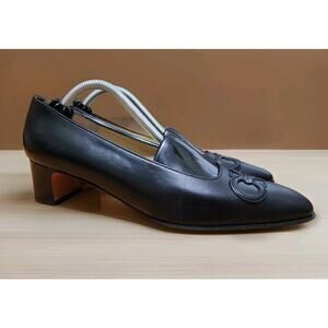 VTG SALVATORE FERRAGAMO Pumps Leather Gancini Block Heel Black Sz 8.5 AAA NARROW